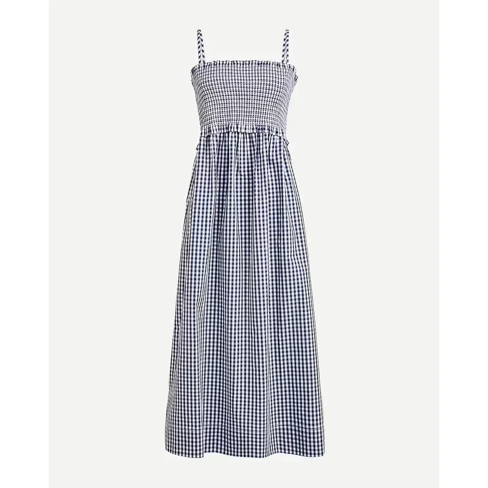 J.Crew Gingham Smocked Cotton Midi Dress M Navy White Cottagecore Summer Picnic